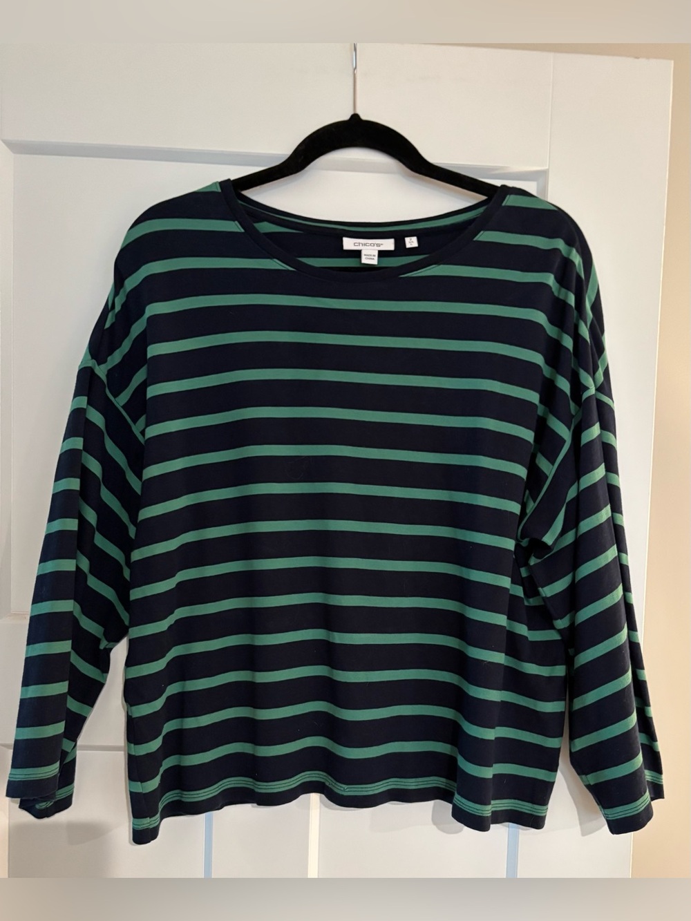 Chico's Navy and Green Striped Crewneck Tee - Size Large (Chico’s 2)